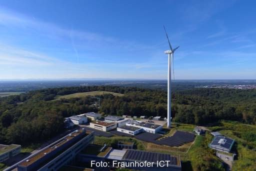 Luftaufnahme zeigt Flachgebäude mit PV-Dächern, Freiflächen-Solar und Windenergieanlage