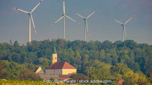 Windpark in Bayern, Zöschingen, drei Windenergie-Anlagen hinter einer Kirche. Symbol für Erneuerbare Energien.