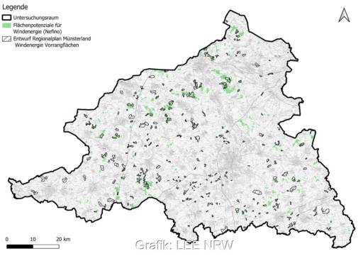 Im Bild eine Karten, die die Vorrangflächen für Windenergie im Regionalplan Münster den geeigneten Flächen gegenüber stellt.