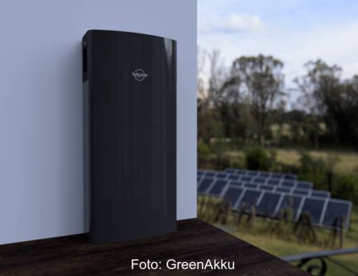 Ein Speicher lehnt an einer Häuserwand. Daneben unscharf ein Feld mit PV-Modulen.