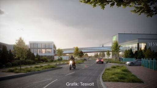 Im Bild ist eine Visualisierung der geplanten Gigafactory für Batteriespeicher und des Forschungs- und Entwicklungszentrums von Tesvolt zu sehen.