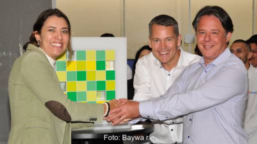 Zwei Männer und eine Frau schütteln sich die Hände - Übernahme von Ribeiro Solar in Brasilien durch Baywa r.e.