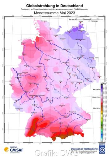 Zu sehen ist eine Deutschland-Karte mit der Sonneneinstrahlung in Deutschland im Mai 2023.