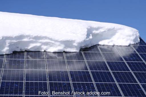 Solarmodul auf dem Schrägdach mit großer Haube Schnee.