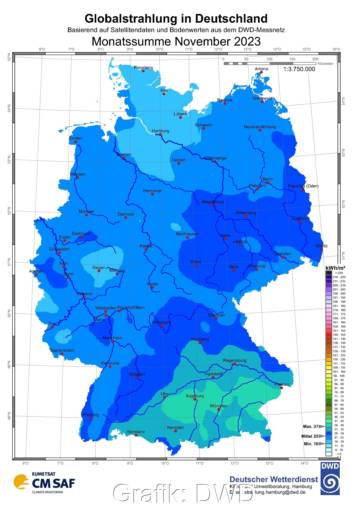 Zu sehen ist eine Deutschland-Karte mit der Sonneneinstrahlung in Deutschland im November 2023.