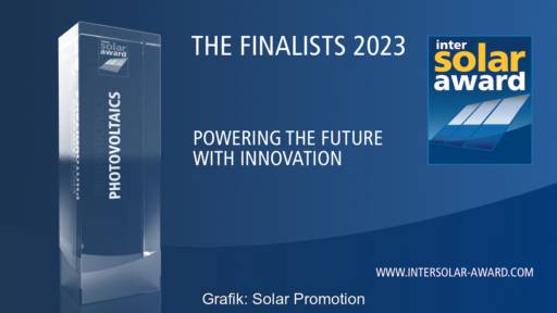 Grafik zeigt die Trophäe des Intersolar Award 2023 vor blauem Hintergrund und Schriftzug.