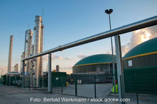 Biogas-Anlage mit zwei Kuppeln im Hintergrund, im Vordergrund Leitungen.