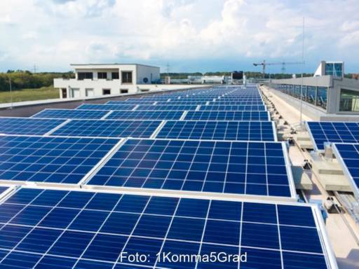 Blick über ein Flachdach mit PV-Modulen