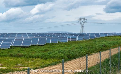 Ein eingezäuntes Feld mit PV und einem Hochspannungsmast.