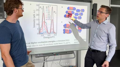 Zwei Männer vor einer Leinwand mit Projektion zu organischer Farbstoff-Solarzelle