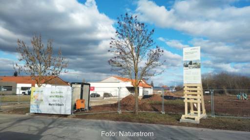 Baustelle mit Hinweisschildern für Solarthermie.