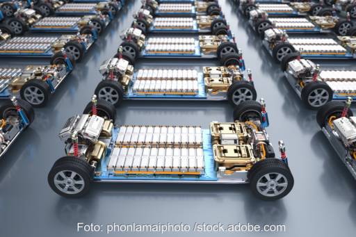 Plattformen von Elektro-Autos mit Batterie-Packs - Symbol für das nötige Recycling von Materialien