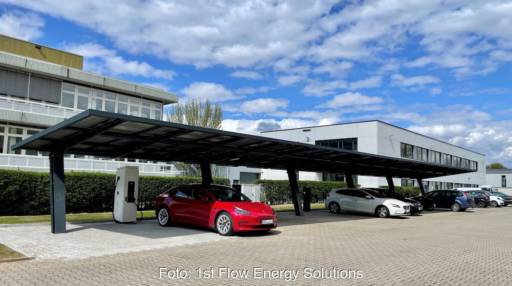 Solar-Carport auf Firmenparkplatz, darunter einige geparkte Autos und Ladesäulen.