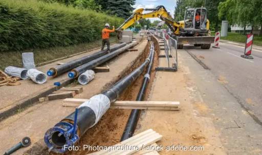 Im Bild ein Bagger und Bauarbeiter beim Verlegen einer Leitung für die Fernwärme als Symbol für die Forderung nach mehr Verbraucherschutz.