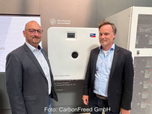 Zwei Herren vor einer SMA-Wechselrichterbox.