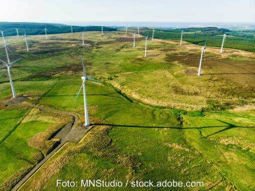 Luftbild eines Windparks im Flachland