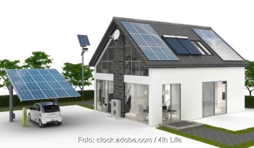 Im Bild eine Grafik eines Hauses mit Photovoltaik-Anlage und Wärmepumpe, DCH Energy bietet ein Paket aus Wärmepumpe und Photovoltaik an