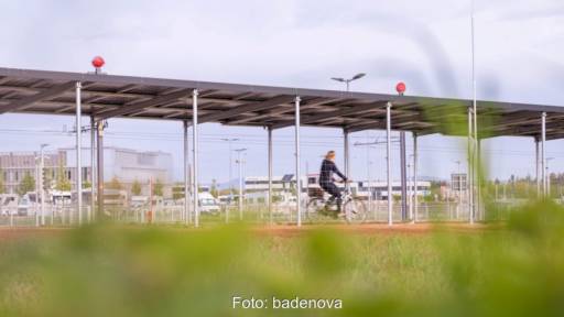 Foto zeigt Blick über eine Wiese auf den Solardach-Radweg und eine Radlerin.