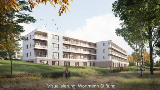 Visualisierung eines dreistöckigen Gebäudekomplexes.