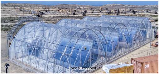 Demonstrationsanlage der neuen Generation mit Folientunnel über den Parabolrinnenkollektoren.