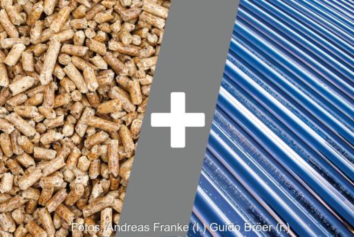 Holzpellets und Vakuumröhren einer Solarthermieanlage als Symbolbild für EE-Hybridanlagen.