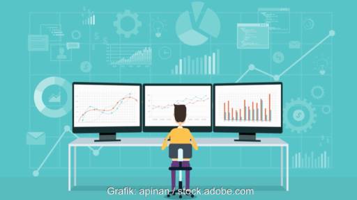 Grafik mit Mensch vor drei Monitoren, Symbol für Energiewende, Monitoring, Fortschritt