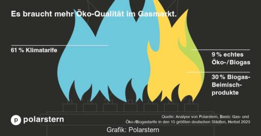 Im Bild eine Grafik, die zeigt wie sich die Ökogas-Tarife auf Klimatarife, Beimischungen und echte Biomethantarife verteilen.