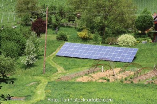Luftbild einer Photovoltaikanlage im Garten.