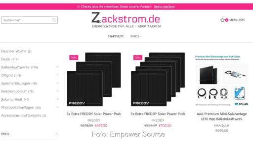 Im Bild die neue Vergleichs- und Verkaufsportal Zackstrom.de für Balkonkraftwerke und andere Photovoltaik-Produkte zu sehen.