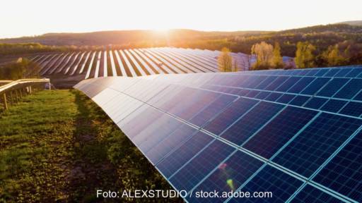 Blick entlang einer Modulreihe in einem Photovoltaik-Park im Abendlicht.