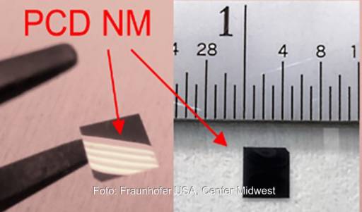 Im Bild eine Diamantmembran und ein Maßband, das Material soll Leistungselektronik für E-Autos und Photovoltaik verbessern.