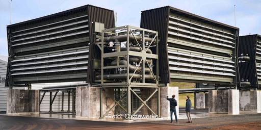 Im Bild eine Anlage der Direct Air Capture von CO2 aus der Luft, die Kosten von 1.000 bis 1.400 Dollar pro Tonne CO2 verursacht.