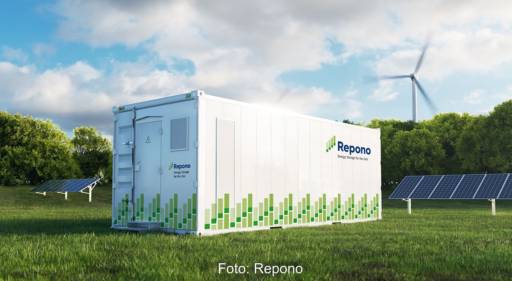 Im Bild ein Speichercontainer von Repono, das Unternehmen will Großspeichersysteme in Europa betreiben.