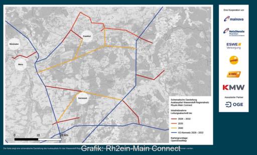 Im Bild eine Karten, die das geplante Wasserstoff-Regionalnetz Rh2ein-Main Connect zeigt.