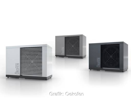 Drei blockförmige Geräte in verschiedenen Graustufen - Wärmepumpe von Ökofen.