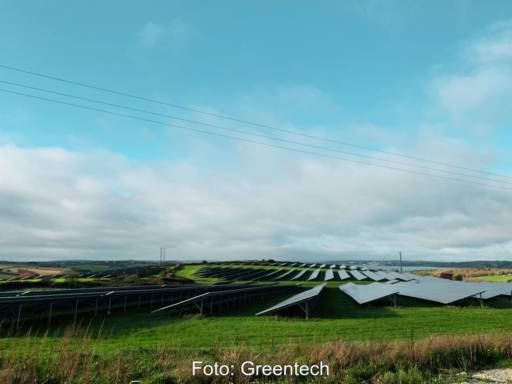 Blick über eine Freiflächensolaranlage auf grüner Wiese unter einem blau-bewölktem Himmel.
