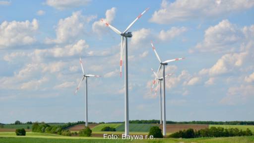 Ü20-Windenergie-Anlagen vor blauem Himmel mit Schäfchenwolken