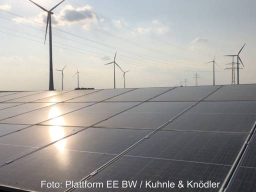 Fotovoltaikanlage mit Windanlagen im HIntergrund und reflektierendem Sonnenlicht auf der Oberfläche.