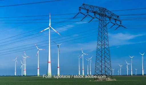 Im Bild ein Windpark und Strommasten, das Konzept „Nutzen statt Abregeln 2.0“ soll weniger Erneuerbare abregeln.
