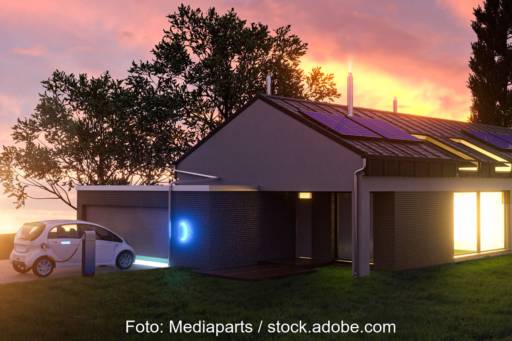 Haus bei Sonnenuntergang mit Elektroauto