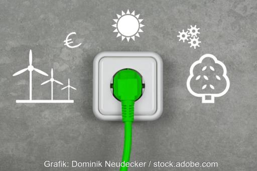 Graue Wand mit Symbolen für Windenergie, Sonne, Bioenergie und eine Steckdose mit einem grünen Stecker - Symbolbild für Ökostrom-Einspeisung