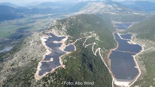 Luftbild von Photovoltaik-Anlage von Abo Wind in grünem Land