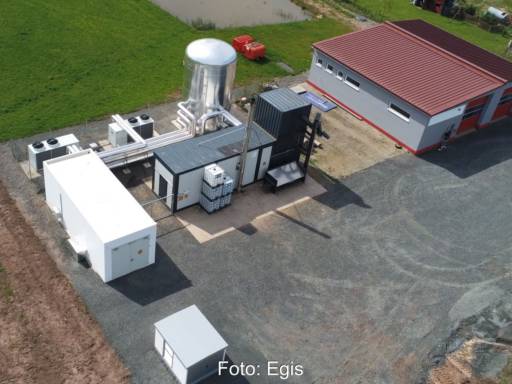 Luftaufnahme von der Fernwärme-Anlage. Man sieht Container und kleine Gebäude auf einem Hof.