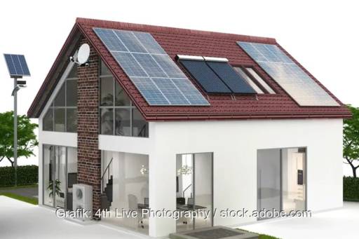Im Bild eine Grafik eines Hauses mit PV, Solarthermie und Wärmepumpe, das Internetportal So geht’s mit Wärmepumpen stellt Wärmepumpenanlagen vor.