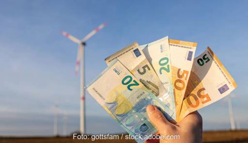 Hand mit Geldscheinen, im Hintergrund Windrad - Symbolbild für Klimageld und Energiewende.