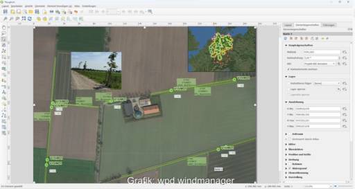 Screenshot aus GIS-Programm zeigt Naturschutz-Maßnahmen in Windenergie-Projekt.