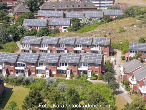Luftbild zeigt Bestandsquartier mit Reihenhäusern, die alle ein Solardach haben.
