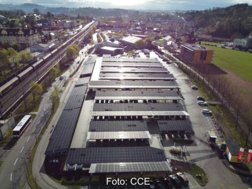 Luftbild eines überdachten Groß-Parkplatzes mit Photovoltaik.