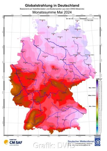 Zu sehen ist eine Deutschland-Karte mit der Sonneneinstrahlung in Deutschland im Mai 2024.