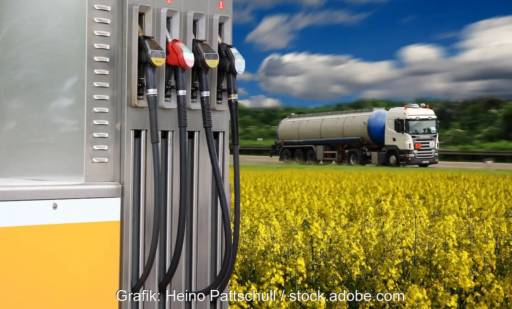 Im Bild eine Zapfsäule, Rapsfeld und Tanklaster als Symbol für den UER-Betrug in der Ölbranche.